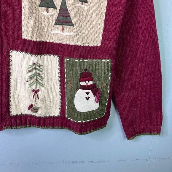 Croft & Barrow Wool Angora Snowman Christmas Tree Burgundy Full Zip Sweater Sz L - Picture 8 of 16